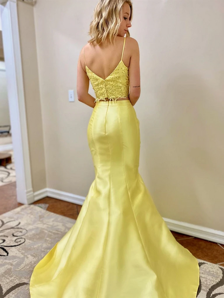 V Neck Yellow Two Pieces Mermaid Lace Prom Dresses, 2 Pieces Mermaid Yellow Lace Formal Evening Dresses