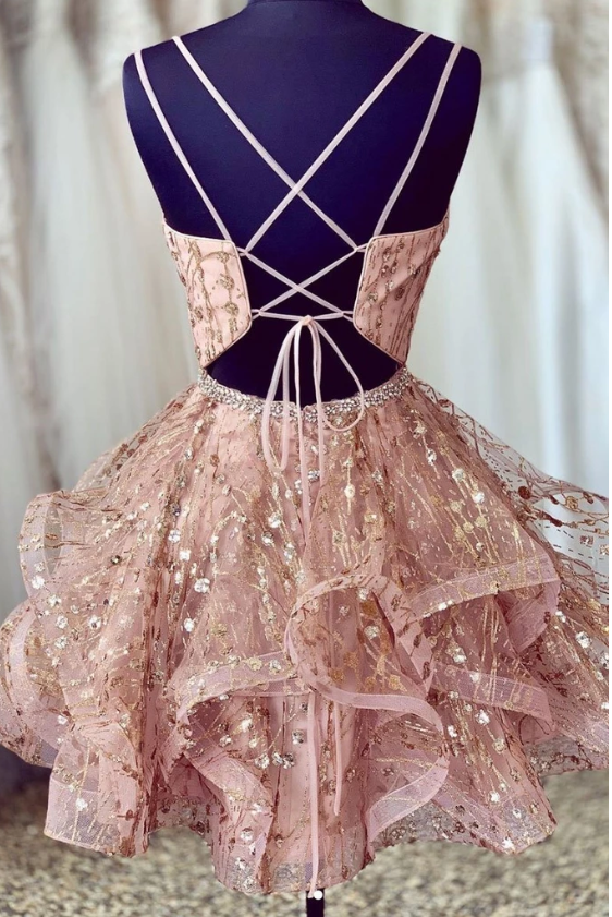 A Line V Neck Champagne Lace Short Prom Dresses with Corset Back, Cham morievent A Line V Neck Champagne Lace Short Prom Dresses with Corset Back, Cham morievent