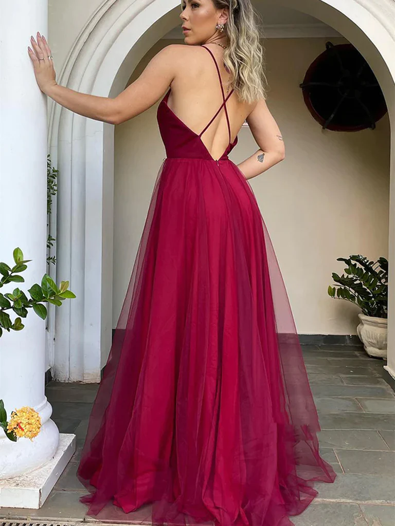 V Neck Backless Burgundy Tulle Long Prom Dresses Open Back Maroon Formal Dresses Burgundy Evening Dresses
