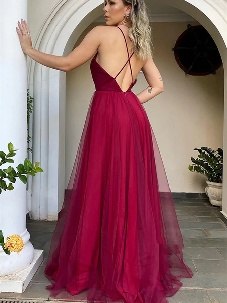 V Neck Backless Burgundy Tulle Long Prom Dresses, Open Back Maroon Formal Dresses, Burgundy Evening Dresses