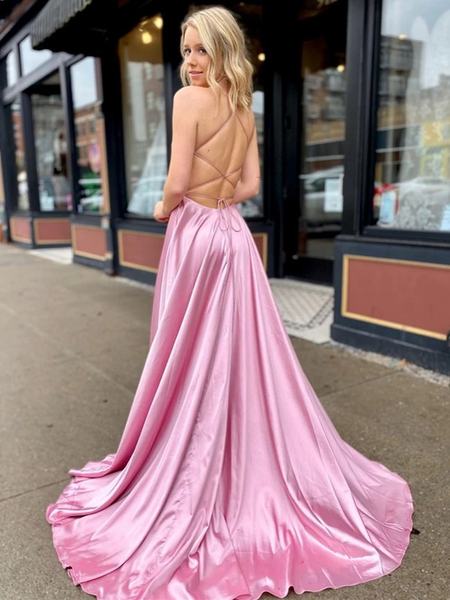 V Neck Pink Backless Spaghetti straps Satin Long Prom Dresses with High Side Slit, V Neck Backless Pink Formal Evening Dresses with Pockets