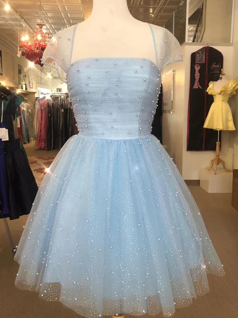 Cap Sleeves Short Beaded Prom Dresses, Short Blue Graduation Homecomin morievent Cap Sleeves Short Beaded Prom Dresses, Short Blue Graduation Homecomin morievent