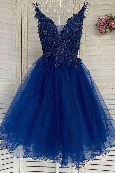 V Neck Blue Tulle Lace Short Prom Dresses, V Neck Blue Tulle Lace Short Formal Evening Dresses