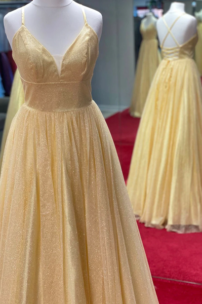 Cute A Line V Neck tulle Sequins Yellow Long Prom Dresses, Yellow Sequins Long Formal Evening Desses