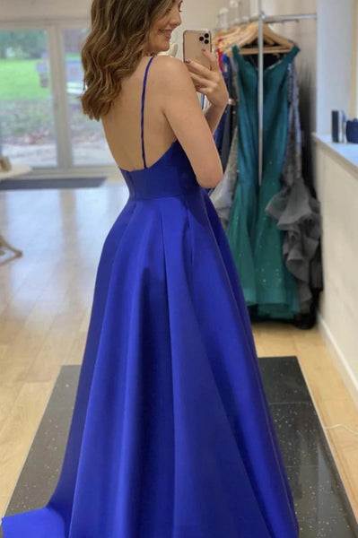 A Line V Neck Open Back Blue Long Prom Dresses, Royal Blue Formal Graduation Evening Dresses
