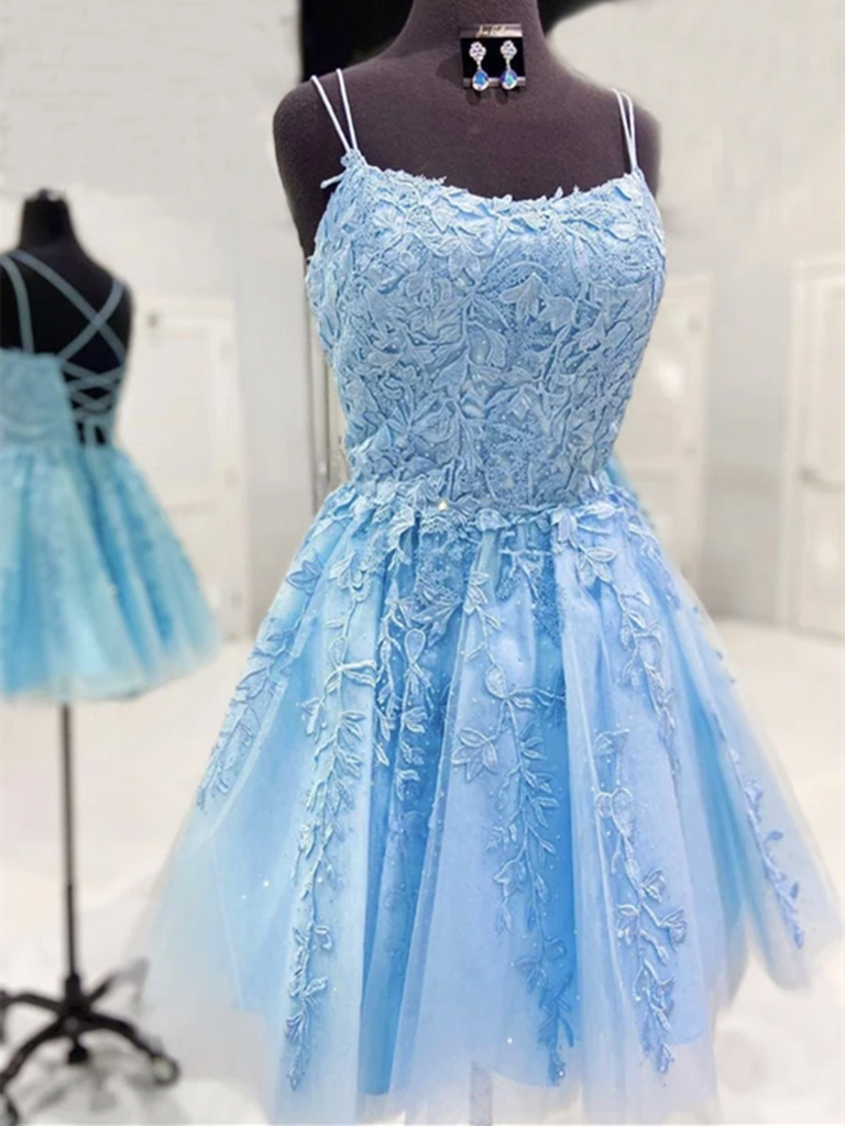A Line  Short Blue Lace Prom Dresses, Short Blue Lace Formal Graduation Homecoming Dresses