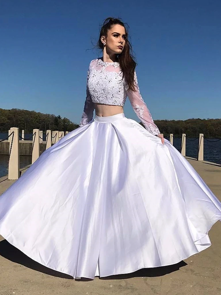 A Line Round Neck Long Sleeves 2 Pieces White Lace Prom Dresses, Two Pieces White Lace Long Sleeves Formal Evening Dresses