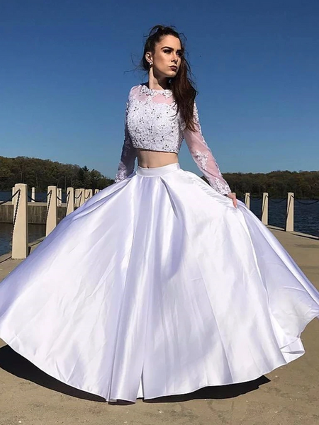 A Line Round Neck Long Sleeves 2 Pieces White Lace Prom Dresses, Two Pieces White Lace Long Sleeves Formal Evening Dresses