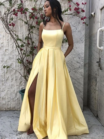 A Line Spaghetti Straps Yellow Satin Long Prom Dresses with Leg Slit, Long Yellow Formal Evening Graduation Party Dresses with Pockets