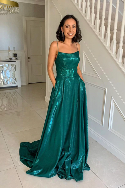 A Line Green Satin Backless Long Prom Dresses, A Line Green Satin Backless Long Formal Evening Dresses