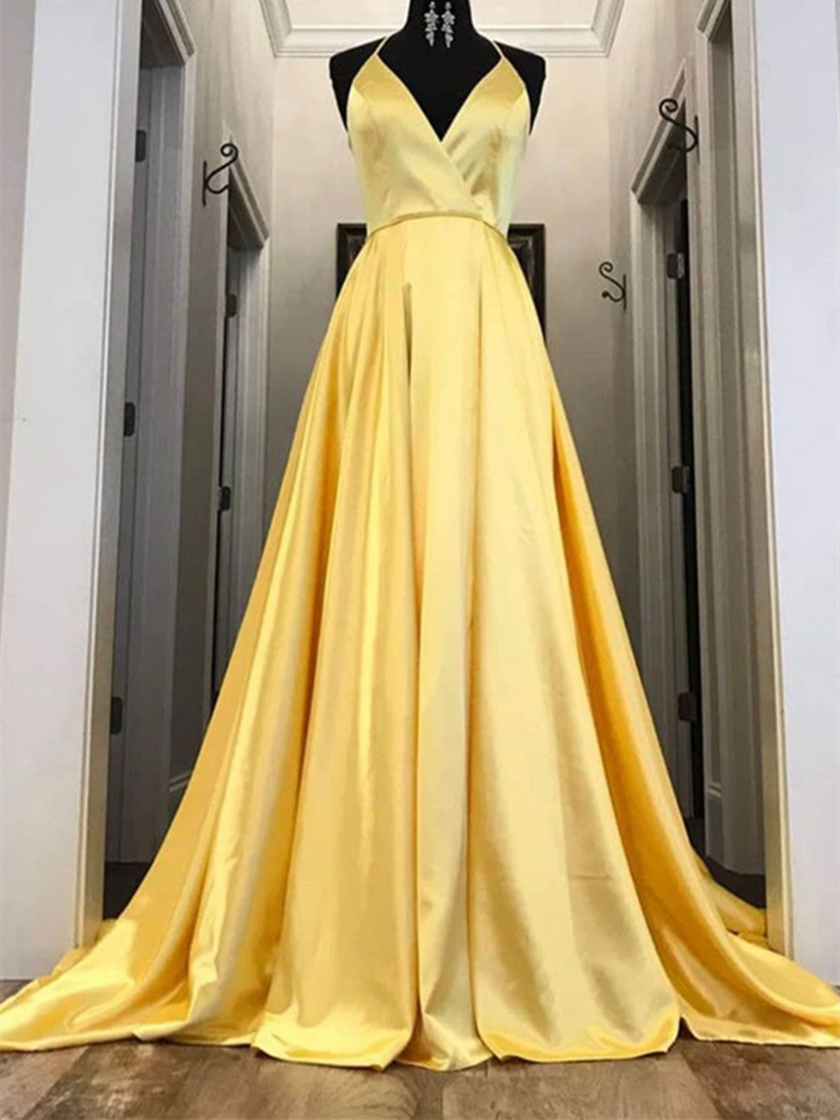 Yellow V Neck Satin Long Prom Dress, Yellow Evening Dress, Formal Evening Dress