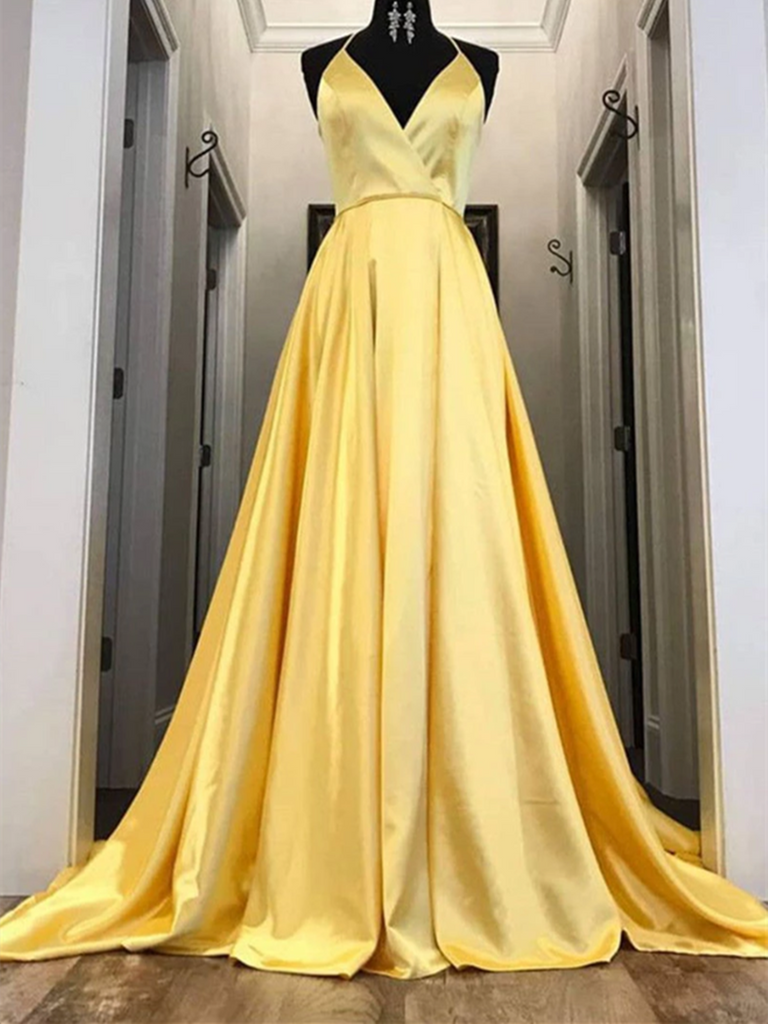 Yellow V Neck Satin Long Prom Dress, Yellow Evening Dress, Formal Even
