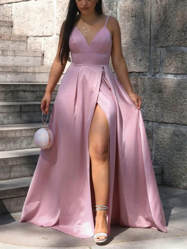 V Neck Pink Satin Long Prom Dresses, V Neck Pink Satin Long Formal Eve morievent V Neck Pink Satin Long Prom Dresses, V Neck Pink Satin Long Formal Eve morievent