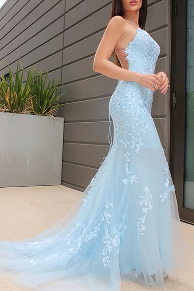 Mermaid Beaded Light Blue Lace Long Prom Dresses with Train, Light Blue Backless Lace Formal Graduation Evening Dresses