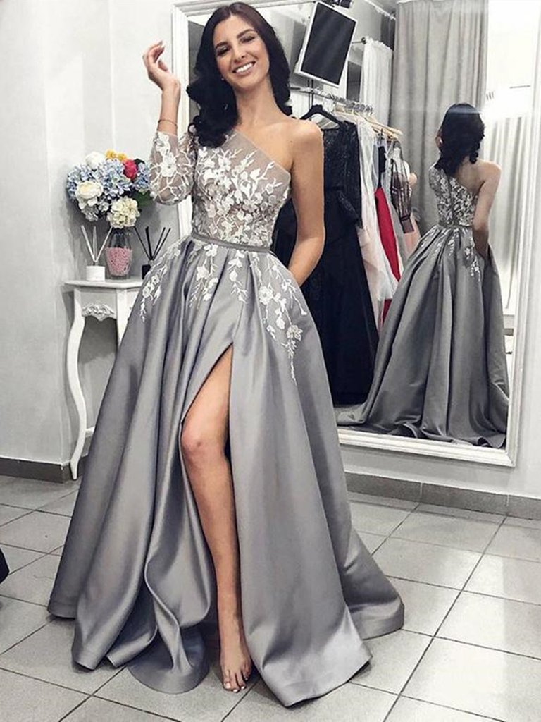 One Shoulder Gray Long Prom Dresses with Front Slit, One Shoulder Gray morievent One Shoulder Gray Long Prom Dresses with Front Slit, One Shoulder Gray morievent