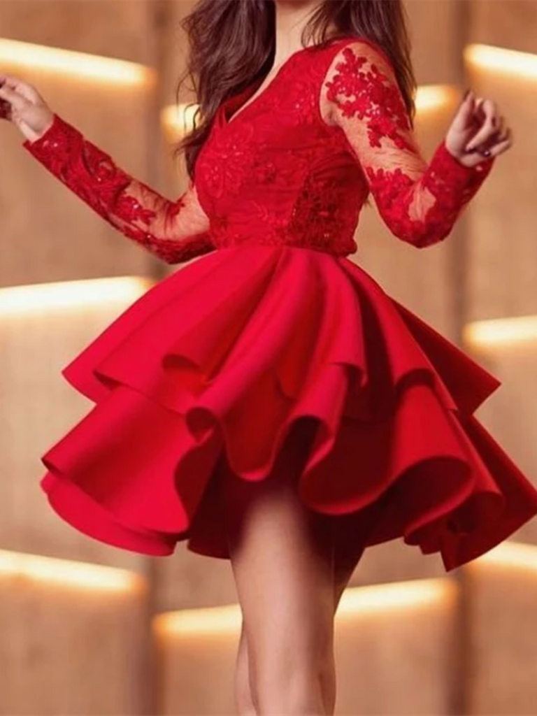 Red V Neck Satin Lace Short Prom Dress, Red Homecoming Dress morievent Red V Neck Satin Lace Short Prom Dress, Red Homecoming Dress morievent