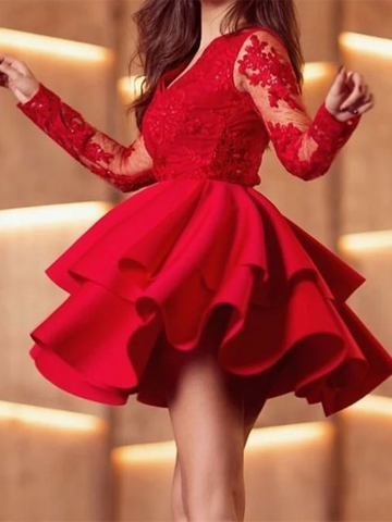 Red V Neck Satin Lace Short Prom Dress, Red Homecoming Dress