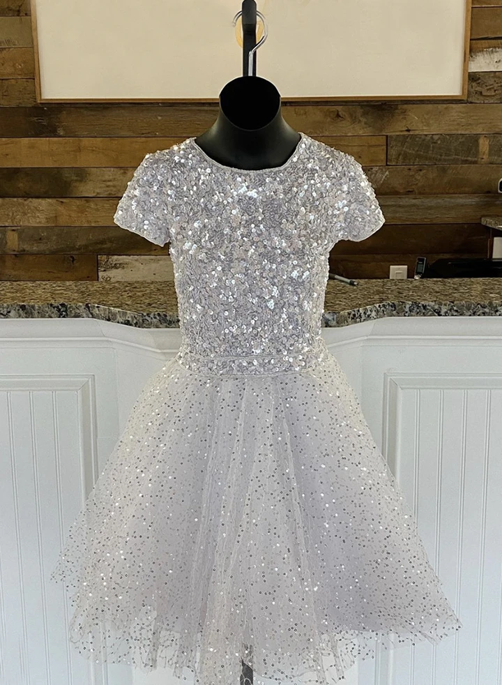 A Line Short Sleeves Round Neck Grey Tulle Sequins Short Prom Dresses Party Dresses, Sequins Short Sleeves Grey Tulle Graduation Homecoming Dresses