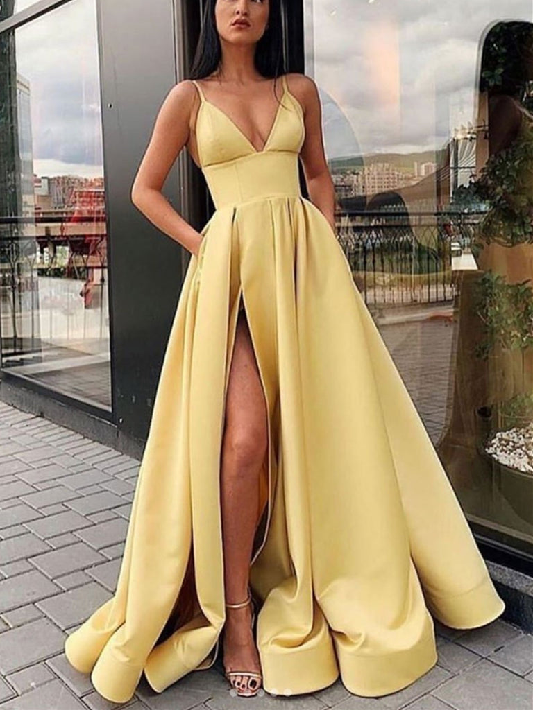 Yellow V neck Satin Long Prom Dress With Leg Slit,, Yellow Formal Even morievent Yellow V neck Satin Long Prom Dress With Leg Slit,, Yellow Formal Even morievent