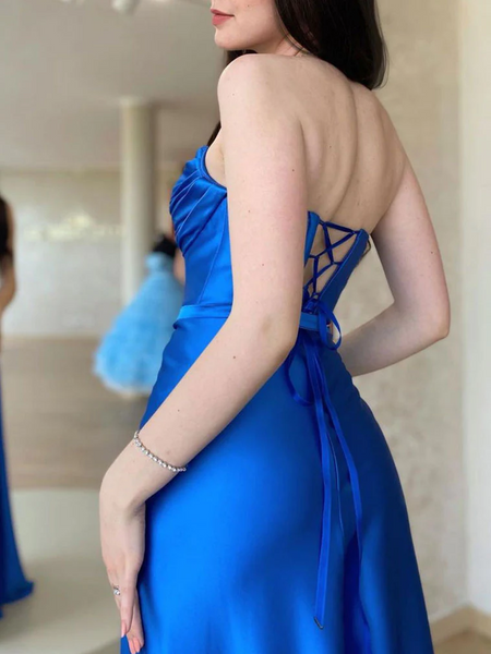 Simple Blue Satin Long Prom Dresses, Simple Blue Satin Long Formal Evening Dresses