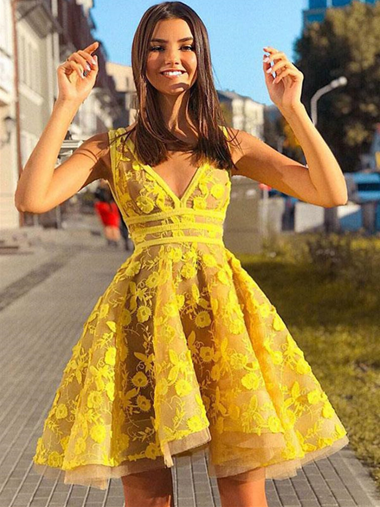 yellow dress for hoco Plunging Puff Off-the-Shoulder Appliques Homecoming Yellow / US 2 school events Yellow satin short prom dress