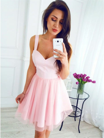 V Neck Pink Short Tulle Homecoming Dresses , V Neck Pink Short Tulle Prom Dresses