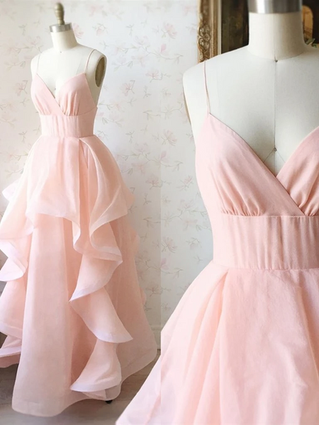 V Neck Pink Long Prom Dresses, V Neck Pink Long Formal Evening Dresses