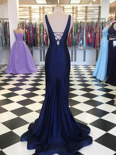 Dark blue v neck mermaid satin long prom dress, Blue mermaid formal evening dress