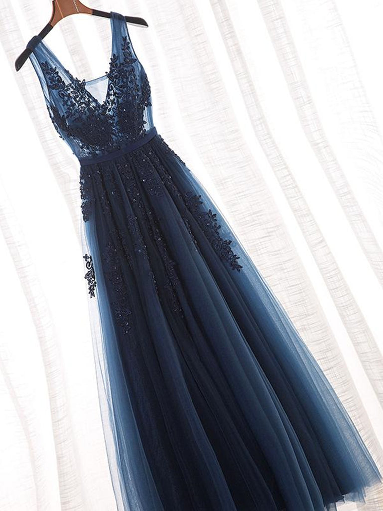 A Line V neck Lace Beaded Long Tulle Prom Dresses,  Lace Beaded Formal Evening Dress