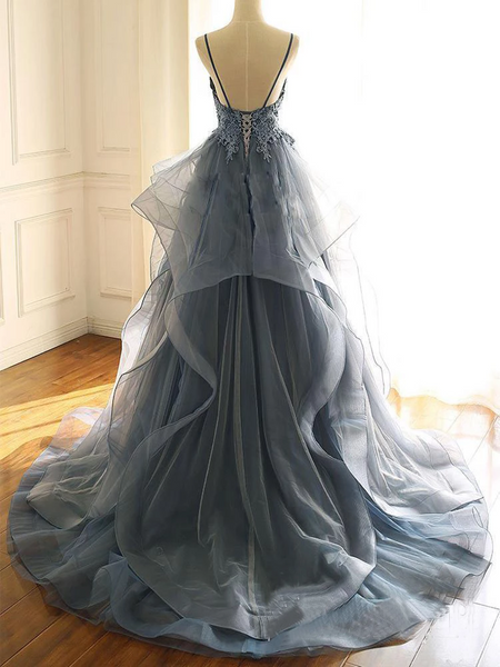 Deep V Neck Appliqued Spaghetti Straps Organza Blue Bridal Dresses，Appliqued Spaghetti Straps Blue Prom Dresses