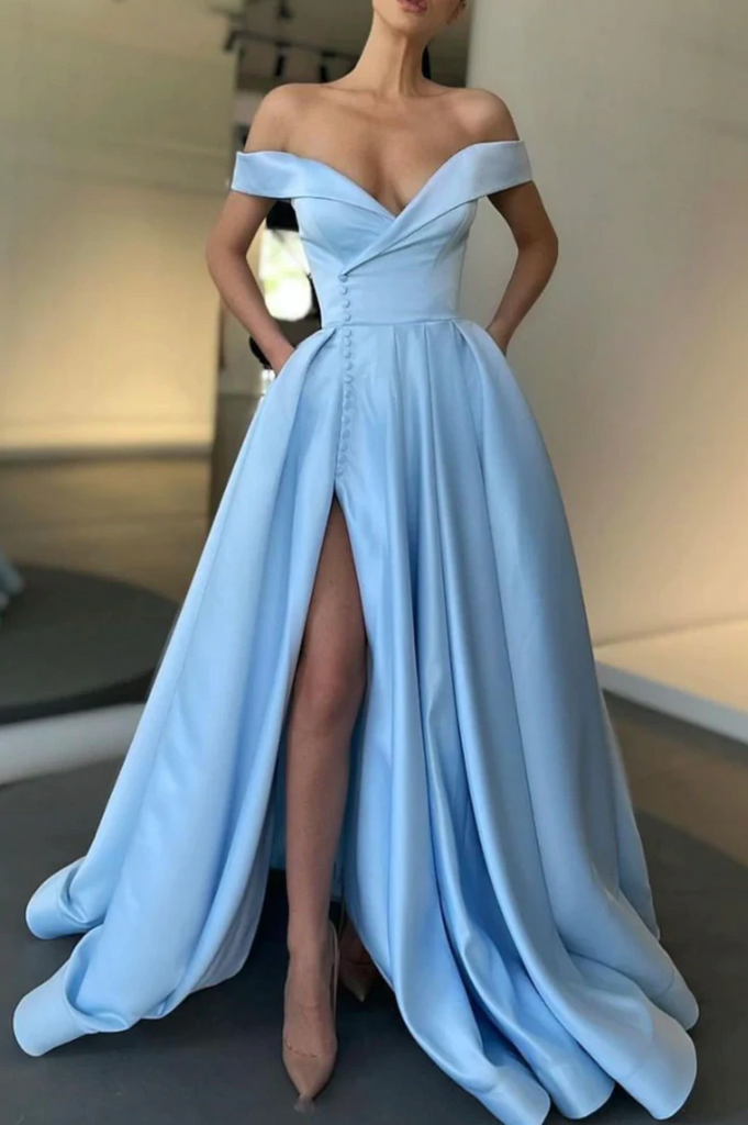 Off Shoulder Emerald Green Satin Long Prom Dresses with High Slit, Off –  morievent