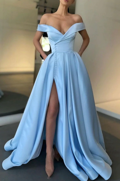 Elegant Off Shoulder Blue Satin Long Prom Dresses with High Slit, Off the Shoulder Blue Formal Evening Dresses
