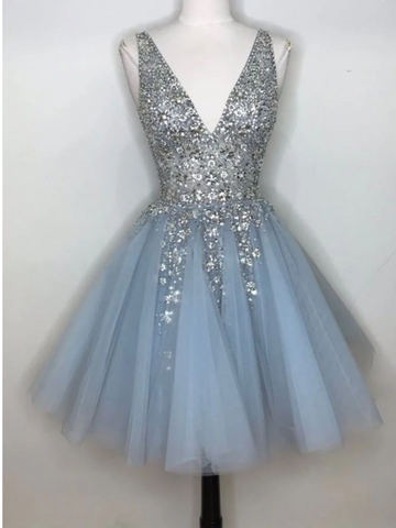 Blue V Neck Tulle Sequin Short Prom Dress, Blue Short Homecoming Dress