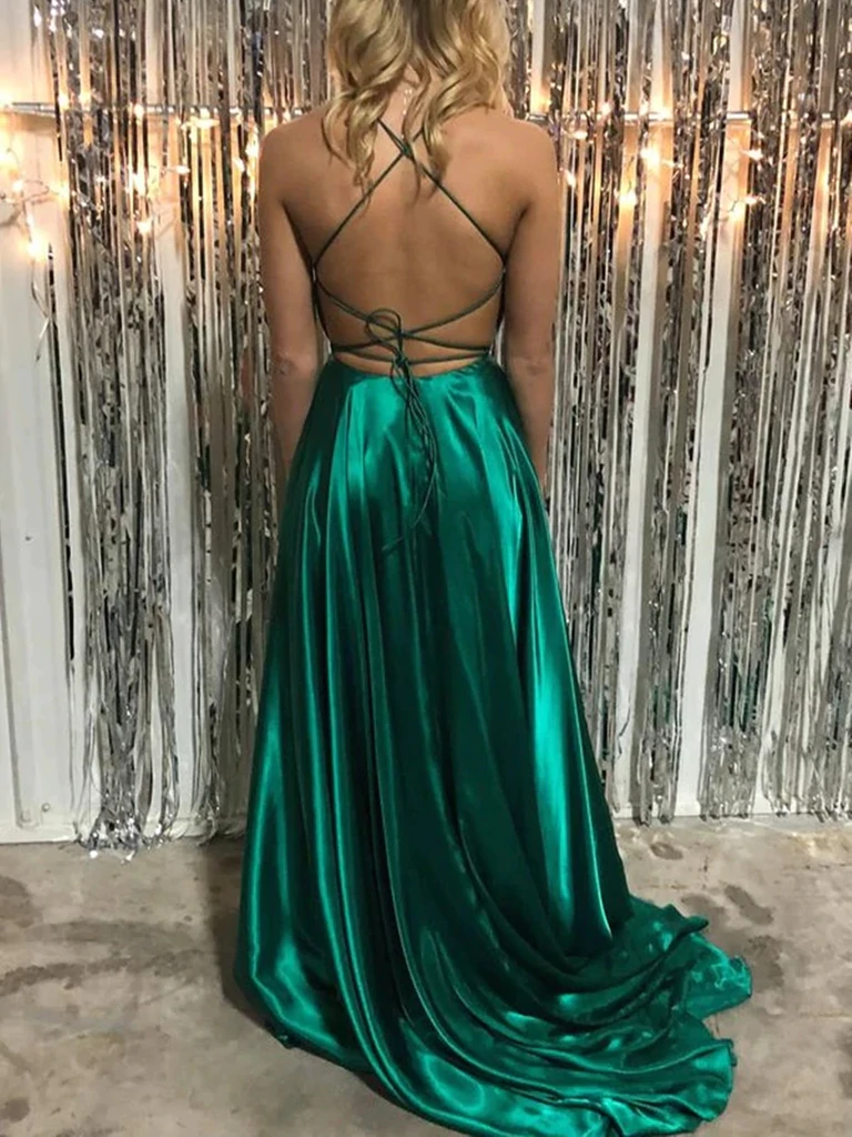 Simple V Neck Backless Green Satin Long Prom Dresses with High Slit, B morievent Simple V Neck Backless Green Satin Long Prom Dresses with High Slit, B morievent
