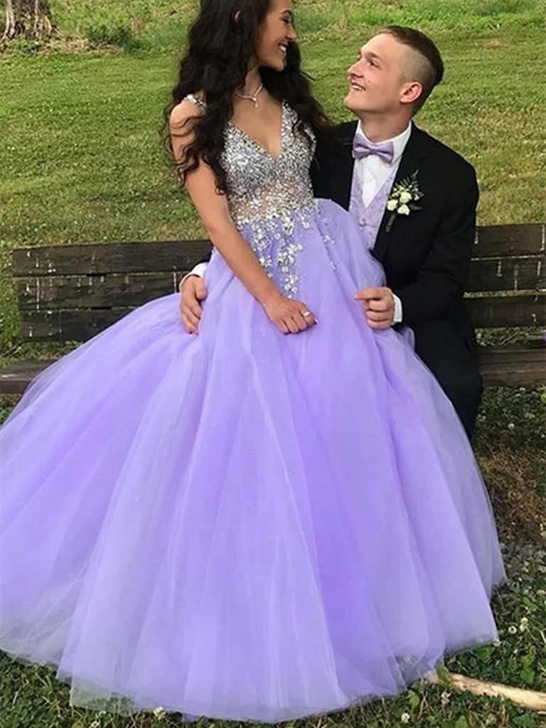 Amazon.com: Purple Ball Gown Prom Dresses Long Flower Lace Appliques Tulle  A Line Bridesmaid Dress Purple US8: Clothing, Shoes & Jewelry