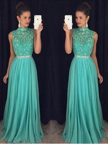 High Neck Backless Lace Appliques Green Long Prom Dresses, Open Back Green Lace Formal Evening Graduation Dresses