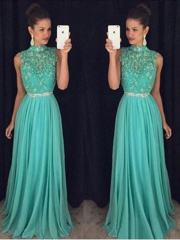 High Neck Backless Lace Appliques Green Long Prom Dresses, Open Back Green Lace Formal Evening Graduation Dresses
