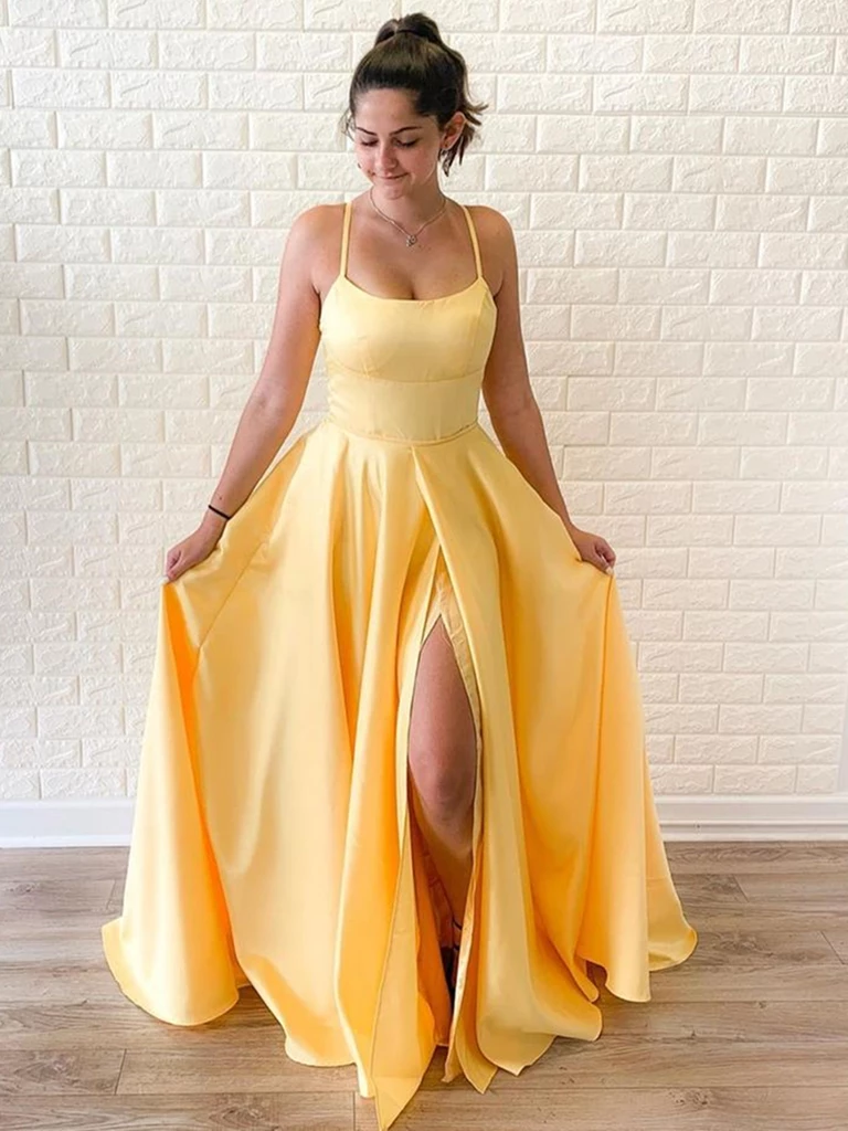 A Line Yellow Long Prom Dresses with High Leg Slit, Yellow Formal Grad morievent A Line Yellow Long Prom Dresses with High Leg Slit, Yellow Formal Grad morievent