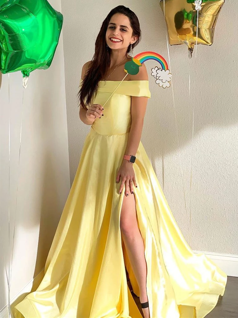Simple Off Shoulder Yellow Satin Long Prom Dresses with Slit, Off Shou morievent Simple Off Shoulder Yellow Satin Long Prom Dresses with Slit, Off Shou morievent