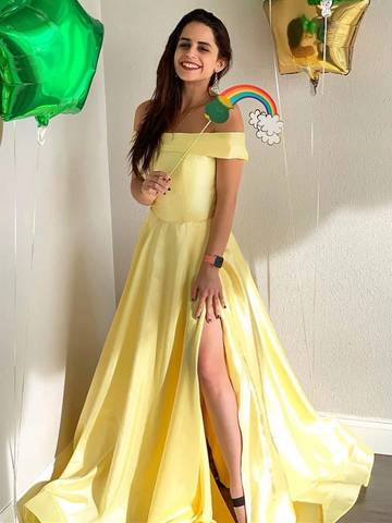 Simple Off Shoulder Yellow Satin Long Prom Dresses with Slit, Off Shoulder Yellow Formal Dresses, Yellow Evening Dresses