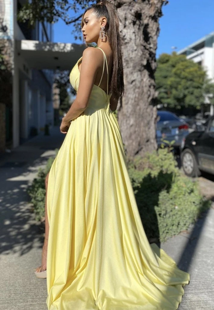 Sexy Deep V Neck Backless Yellow Long Prom Dresses with Leg Slit, Open Back Yellow Formal Dresses, Yellow Graduation Evening Dresses Sexy Deep V Neck Backless Yellow Long Prom Dresses with Leg Slit, Open Back Yellow Formal Dresses, Yellow Graduation Evening Dresses