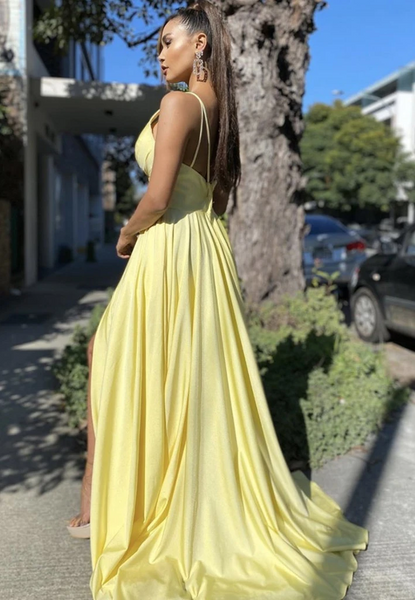 Sexy Deep V Neck Backless Yellow Long Prom Dresses with Leg Slit, Open Back Yellow Formal Dresses, Yellow Graduation Evening Dresses