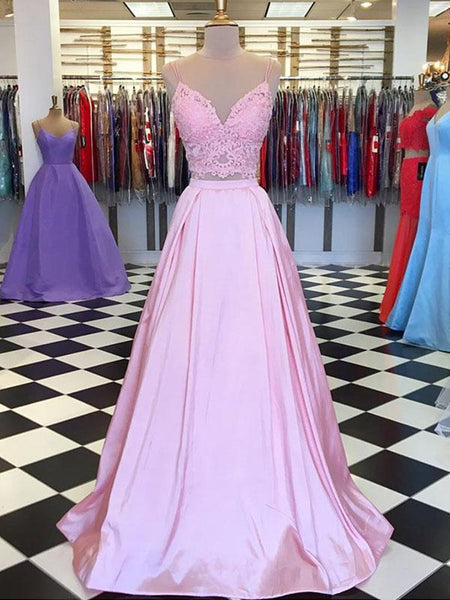 V Neck Pink Two Pieces Lace Prom Dresses With Spaghetti Straps, Pink Lace Evening Dresses