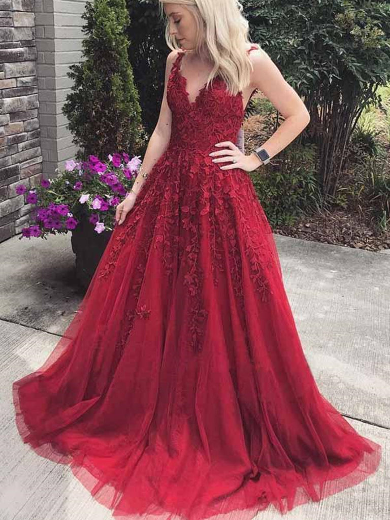 A Line V Neck Burgundy Lace Prom Dresses, V Neck Burgundy Lace Formal Evening Dresses A Line V Neck Burgundy Lace Prom Dresses, V Neck Burgundy Lace Formal Evening Dresses
