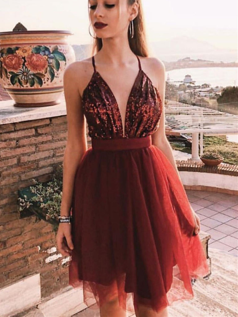 Simple V Neck Burgundy Tulle Short Prom Dress, Burgundy Tulle Short  Evening Dress