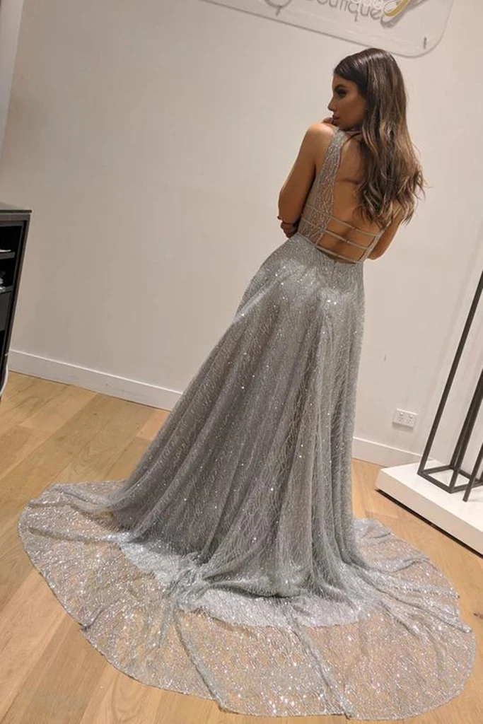 Shiny V Neck Backless Silver Grey Long Prom Dresses, Silver Grey Backl morievent Shiny V Neck Backless Silver Grey Long Prom Dresses, Silver Grey Backl morievent