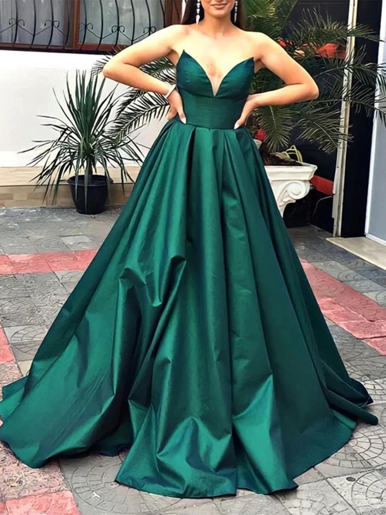 V Neck Strapless Green Satin Long Prom Dresses, V Neck Green Formal Gr morievent V Neck Strapless Green Satin Long Prom Dresses, V Neck Green Formal Gr morievent