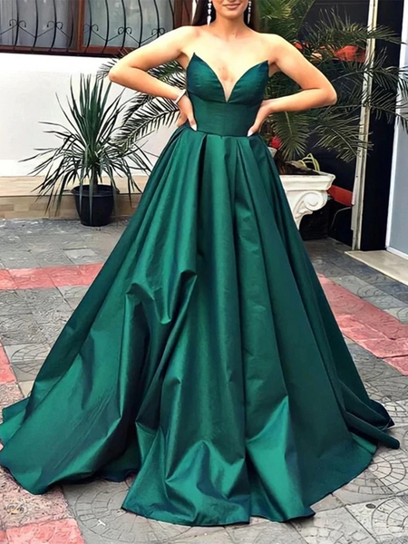 V Neck Strapless Green Satin Long Prom Dresses, V Neck Green Formal Graduation Evening Dresses