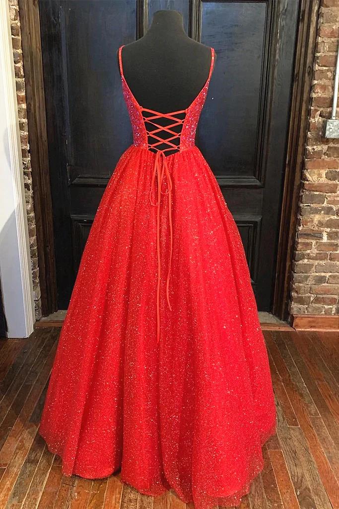 Shiny A Line V Neck Black Red Long Prom Dresses, V Neck Backless Long morievent Shiny A Line V Neck Black Red Long Prom Dresses, V Neck Backless Long morievent