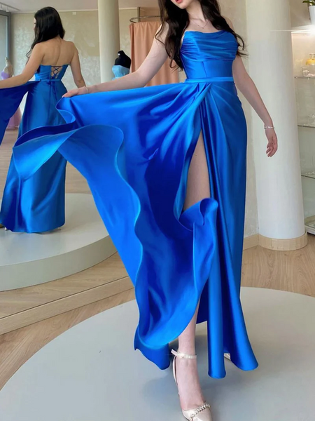 Simple Blue Satin Long Prom Dresses, Simple Blue Satin Long Formal Evening Dresses